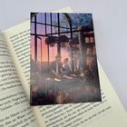 Texte auf Tüten: "Seeds." Illustration: Zwei Personen arbeiten in einem Gewächshaus, Sonnenuntergang im Hintergrund.