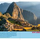 Texte oben rechts: Faszination Weltreise, Ein Lebenstraum. Bild von Machu Picchu mit umliegenden Bergen im Sonnenlicht.