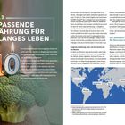 KAPITEL 3: DIE PASSENDE ERNÄHRUNG FÜR EIN LANGES LEBEN.  
Links Brokkoli mit Zahlenkerzen "10", rechts Text und Weltkarte.