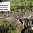"Die Prioritätslinien der RhB. Kurz vor Ende des 19. Jahrhunderts... von Samedan und Reichenau." Ein Zug auf einem Viadukt umgeben von Wald.