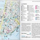 Rund um den Financial District. Lower Manhattan Touristenkarte. Sehenswürdigkeiten, Essen, Einkaufen, Bewegen, Ausgehen. Hudson River links.