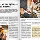 "Die kann man also auch essen?!" über einem Text über Seeigel. Rechts daneben Hände, die Seeigel öffnen.