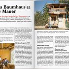 Links oben: "Das Baumhaus an der Mauer". Rechts: Foto einer Hütte mit Pflanzen, daneben zwei sitzende Männer.
