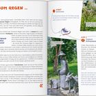 "TAG 1: VOM REGEN …" "START Bahnhof Zwiesel" "KM 1 Stadtpark Erfrischende Sitzgelegenheit". Links Text, rechts Illustrationen, Naturfoto.