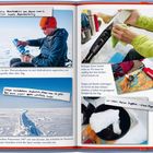 Texte: "Du bist eine Abenteurerin...", "Der Tee in der Thermoskanne...", "Bindungen frieren immer...", "Morgens und abends verbringen...", "Wege entstehen dadurch...", "Zweiteiltes Panorama...", "wir lieben deine Suppen...". Abbildungen von einer Person im Schnee, Skibindungen, einem Schneepanorama und einer Schüssel mit Schnee.