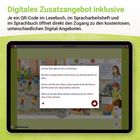 Text: "Digitales Zusatzangebot inklusive."
Ein Tablet zeigt eine Illustration einer Schulumgebung mit Kindern.