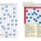 **Zahlenrätsel:** Ausgangswort NOTAR. Wandel Zahlen in Buchstaben um.  
**Französisches Rätsel:** Trennfelder für gesuchte Wörter waagrecht/senkrecht.  
Zwei Rätselgitter nebeneinander. Rechtes enthält Hinweise.