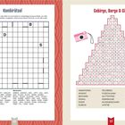 Links: Kreuzworträtsel mit Gitter, Wörtern und Anleitung. Rechts: Wortsuchpyramide mit Thema Berge, Dekorationen. Seitenzahlen: 12, 13.