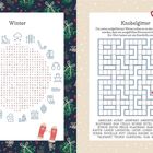 "Winter", Wortsuchspiel mit Schneeflocken, Schlitten, Pullover; daneben Kreuzworträtsel mit "MOTIV", Tasse oben.