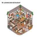Text: "IM JAPANISCHEN RESTAURANT". Illustration eines Restaurants mit Tieren als Gäste und Personal in gemütlicher Atmosphäre.