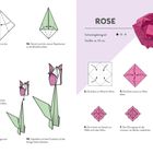 Anleitung zum Falten einer Origami-Tulpe und Rose, illustriert in klaren Schritten mit Diagrammen.
