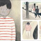 Links ein Junge in einem gestreiften Pullover, rechts mehrere Szenen: Busfahrt, Junge schaut in einen Abfluss; Hundeposter.