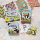 Diverse "Lieselotte"-Produkte: Countdown-Kalender, Kartenspiel, Mutmachkarten. Bunte Girlande und Konfetti.