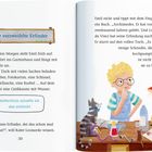 Titel: "Der verzweifelte Erfinder". Emil bastelt an einem Tisch voller Materialien, denkt nach, Katze und Lampe dabei.