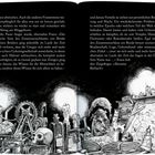 Zwei Seiten Text, dazu eine schwarz-weiße Illustration: Laborgeräte, Bücher, Totenkopf, Kerzen und ein Teleskop.