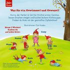 Text: "Was für ein Gewimmel und Gewusel! Hurra, der Herbst ist da! Die Wichtel ernten Gemüse, lassen Drachen steigen und kochen leckere Kürbissuppe. Findest du Mats mit der gestreiften Zipfelmütze? Diese 7 Wichtel findest du auf jeder Seite: Nisse, Pontus, Lissy, Ole, Kalle, Mats, Peer. Illustration." 
Kinder mit Zipfelmützen auf Wiese, Herbstbaum.