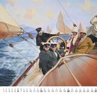 Kalenderdarstellung mit Monatsübersicht unten. Oben Segelboot auf rauer See, mehrere Personen an Bord, lebhafte Szene.
