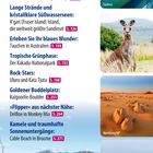 "Nicht versäumen" mit Aktivitäten: Klettern, Surfen, Tauchen. Bilder zeigen Sydney, Känguru, Strand, Wüste, Delfin und Surfer.