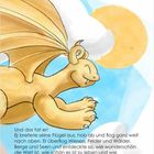 Texte: "Und das tat er! Er breitete seine Flügel aus... Wutdrachen gibt!" Illustration: Ein lächelnder, fliegender Drache am Himmel.