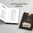 Glossar mit Namen und Rollen, daneben ein Buchcover mit dekorativen Elementen und dem Titel "Iasanara: Ruchlose Taten".