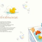 Text: "Kleine Liebesbeweise". Gestaltung: Eine Badewanne mit Schaum, Spielzeug, Entchen und Seifenblasen.