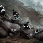 Illustration: Vier kleine, leuchtende Kreaturen mit großen Augen klettern zwischen grauen Felsen, umgeben von schwebendem Licht.