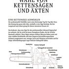 "Wahl von Kettensägen und Äxten" steht groß oben. Darunter folgt Text zur Auswahl von Kettensägen. Zeichnung mit Kettensäge-Teilen.