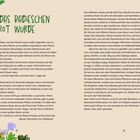 „Wie das Radieschen rot wurde“ steht oben. Der Text erzählt eine Geschichte über Riesen, Menschen und ein kleines Mädchen. Florale Illustrationen schmücken den Rand.