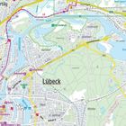Karte von Lübeck und Umgebung mit Orten wie Bad Schwartau, Schlutup und Sehenswürdigkeiten wie St. Jakobi.