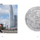 Links: "GUANGZHOU > CHINA" über einem Mann in sportlicher Kleidung vor Wolkenkratzern. Rechts: Runde Illustration mit feinem Muster.