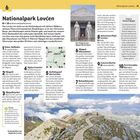 **Nationalpark Lovćen:** Der Text beschreibt Sehenswürdigkeiten wie die Kotor-Seilbahn und das Njegoš-Mausoleum im Lovćen Nationalpark. Eine Illustration zeigt Wanderwege und das Mausoleum. Darunter Panoramaansicht einer Straße in bergiger Landschaft.
