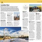 "London Eye" und seine Beschreibung oben links. Tipps zur Ticketbuchung angeführt. Zehn nummerierte Sehenswürdigkeiten. Unten ein Foto des London Eye am Wasser mit Skyline.