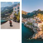 Links steht "AMALFIKÜSTE." und die Zahl "122". Links fährt ein Motorrad am Meer entlang, rechts eine Küste mit Häusern.