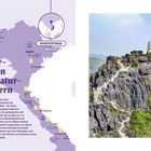 "Von Kaiserstädten und Naturwundern. Hanoi, Ninh Binh, Da Nang: Karte Nordvietnam. Rechts steiler Felsen mit Pagode."