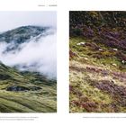 Texte: Seite 222 Schottland | Glasgow. Links: neblige Berge. Rechts: Schafe auf einem Hügel mit violetten Pflanzen.