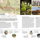 "KURZE GESCHICHTE" steht groß in der Mitte. Links eine historische Landkarte. Unten Zeitleiste mit Beschriftungen. Oben Bilder von Natur, Kultur und Architektur. Rechts Text über Handel und Verbreitung des Islam.