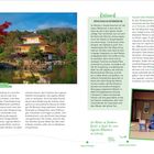 Texte: Eines der berühmtesten Gebäude der alten Kaiserstadt Kyoto: der Goldpavillion. Kulinarik. Köstliche Klosterküche.

Bildbeschreibung: Links der Goldpavillon am Wasser; rechts ein sitzender Mönch im Innenraum.