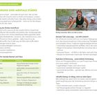 Texte beschreiben Ernährung und mentale Stärke. Tipps: Ernährung beeinflusst das Denken, Top-Foods für Klarheit. Links: Text, rechts: Frau im Wasser.