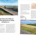 "Viele Radwege auf Föhr sind direkt am Wasser." Illustration von Radfahrer auf Holzsteg entlang der Küste.