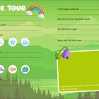 Grüne Landschaft mit Texten für eine Tourbeschreibung, Regenbogen, Glockenblume, Hirsch sowie Symbole für Wetter und Pausenorte.