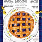 Eine Rezeptbeschreibung mit drei Schritten und eine Illustration einer gedeckten Torte mit Blumenmuster auf einem Teller.