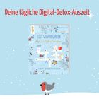 "Deine tägliche Digital-Detox-Auszeit" steht groß oben. Ein winterliches Kalenderdesign mit Crossword-Motiv und Vogelillustrationen.