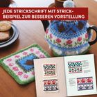 „Jede Strickschrift mit Strickbeispiel zur besseren Vorstellung“ steht über Strickmustern und einer Teehaube.