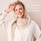 Text: "Dein individuelles Lieblingstuch – selbst gehäkelt!" Eine lächelnde Frau trägt ein gehäkeltes Halstuch.