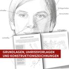 GRUNDLAGEN, UMRISSVORLAGEN UND KONSTRUKTIONSZEICHNUNGEN. Zeichnung eines Gesichts und Buchseiten mit Skizzen.