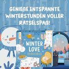 GENIEßE ENTSPANNTE WINTERSTUNDEN VOLLER RÄTSELSPASS! Illustration mit Schneemann, warmen Tee, Katze und Sofa am Fenster.