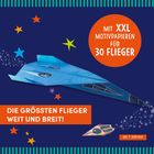 Mit XXL Motivpapieren für 30 Flieger. Die größten Flieger weit und breit! Illustration eines blauen Papierfliegers.