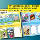 MIT ÜBUNGEN IM BUCH – GLEICH AUSPROBIEREN, ZEICHNEN UND GESCHICHTEN ERFINDEN. Bunte Comic-Panels mit Sprechblasen.