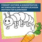Text: "FÖRDERT MOTORIK & KONZENTRATION – MIT EINFACHEN UND GROSSFLÄCHIGEN MOTIVEN FÜR KLEINKINDER". Illustration einer Raupe.