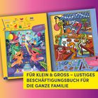 FÜR KLEIN & GROSS – LUSTIGES BESCHÄFTIGUNGSBUCH FÜR DIE GANZE FAMILIE. Zwei bunte Seiten voller Cartoon-Tiere.